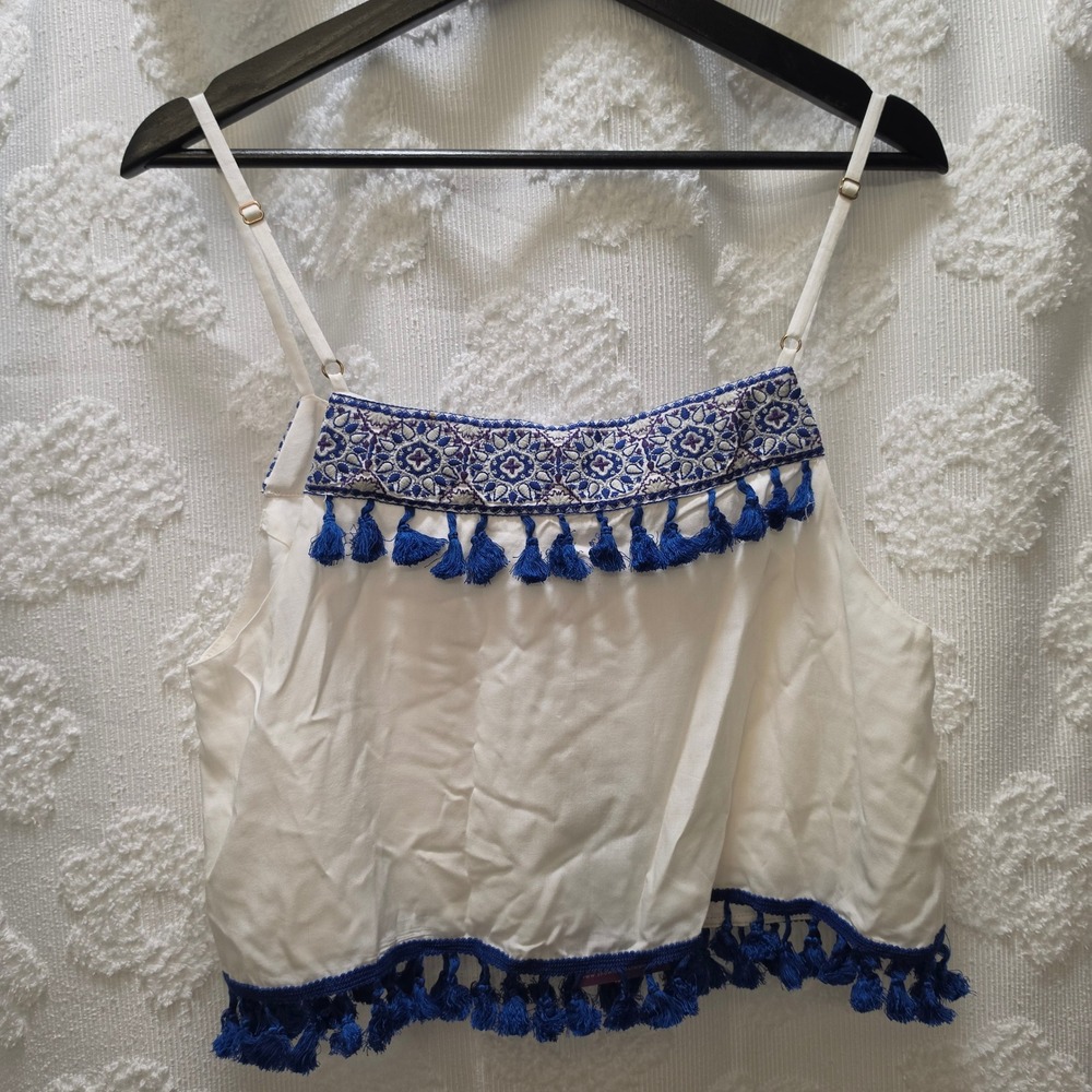 NWT‎ Show Me Your Mumu Nellie Tank Casablanca Blues Embroidery Tassel Crop Top L - Picture 7 of 9